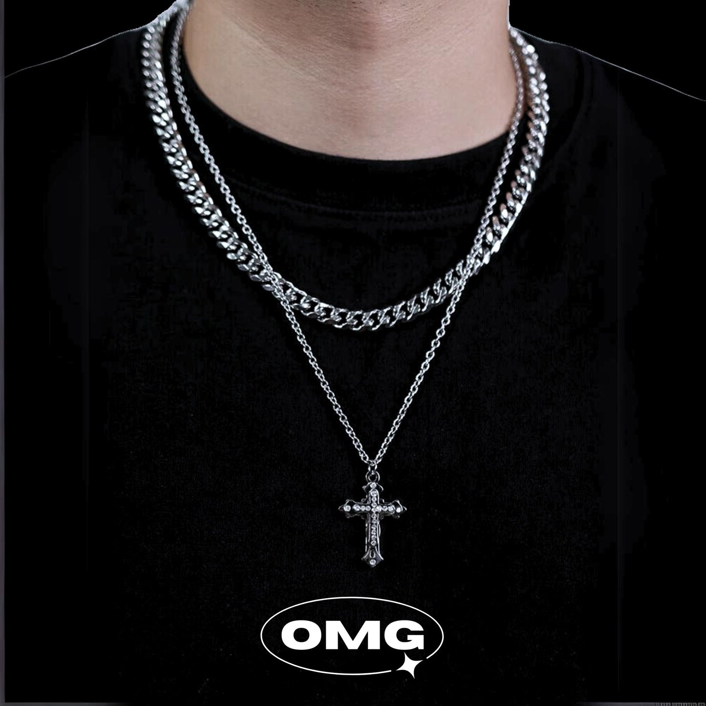 OMG - 時尚雙層式十字架男士頸鏈/項鍊