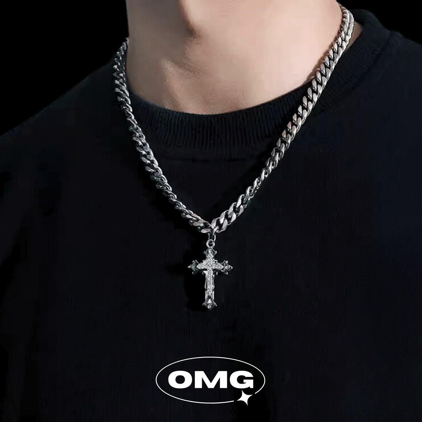 OMG - 防水黑銀色十字架古巴男士頸鏈/項鍊