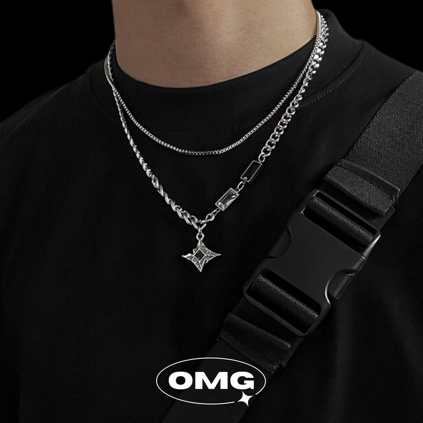 OMG - Cross Star Black Zirconia Dual Layer Men's Necklace