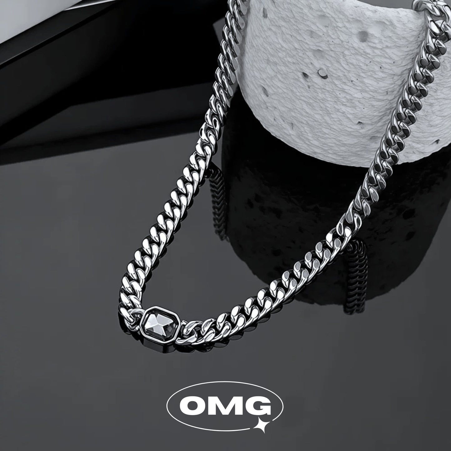OMG - 暗灰方寶石古巴男士頸鏈/項鏈