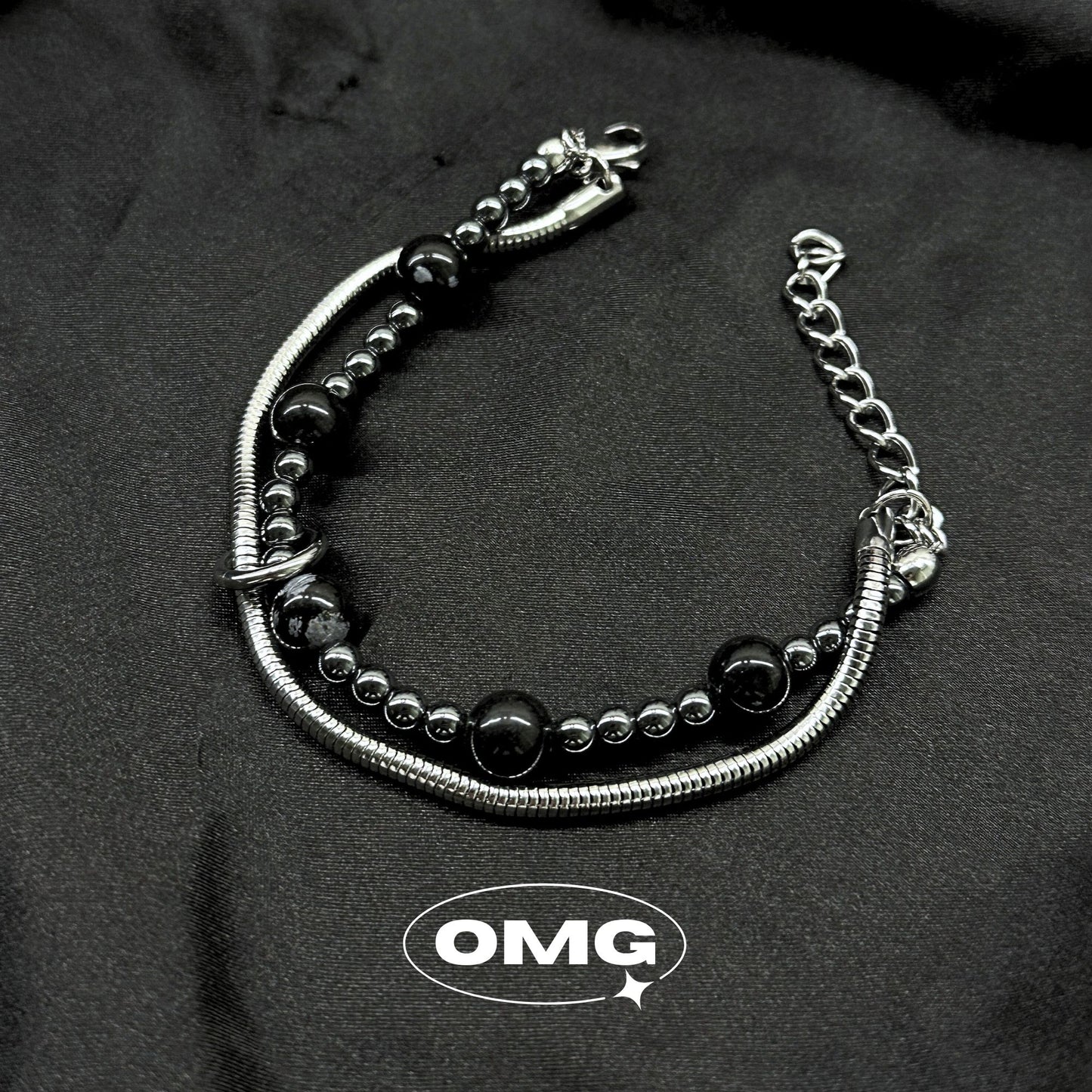 OMG - 雙層黑灰串珠男士手鏈/手串 (最後一條)