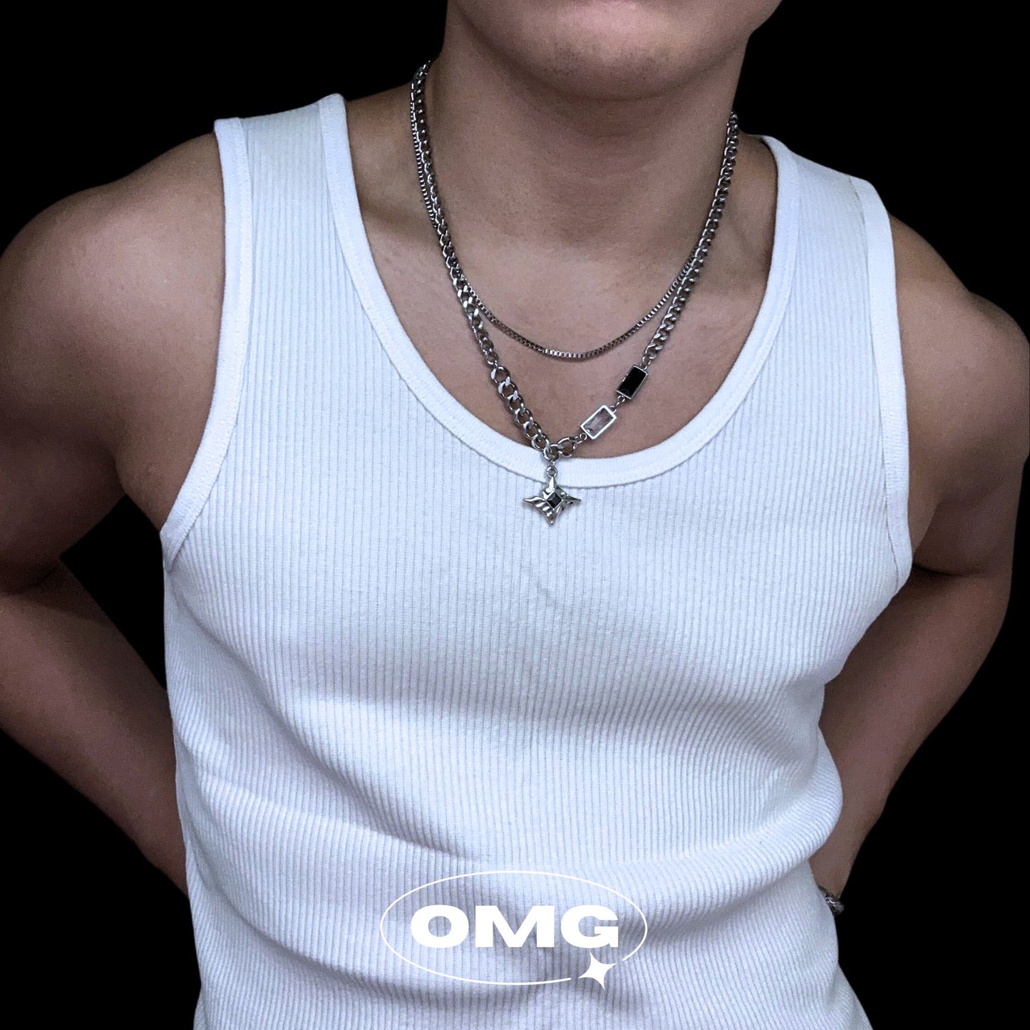 OMG - Cross Star Black Zirconia Dual Layer Men's Necklace