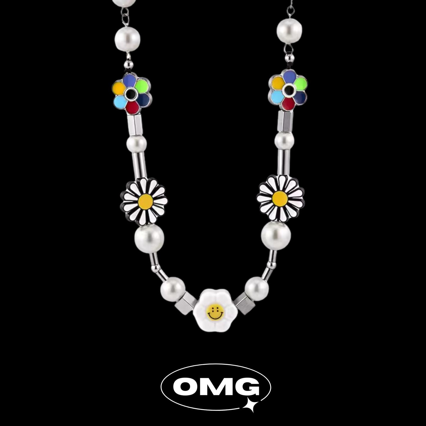 OMG - Y2K Daisy Smiley Face Pearl Men's Necklace