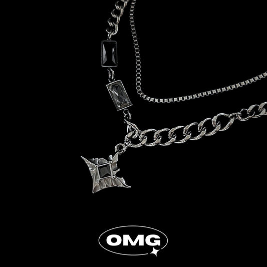 OMG - 十字星黑鋯石雙層男士頸鏈/項鍊