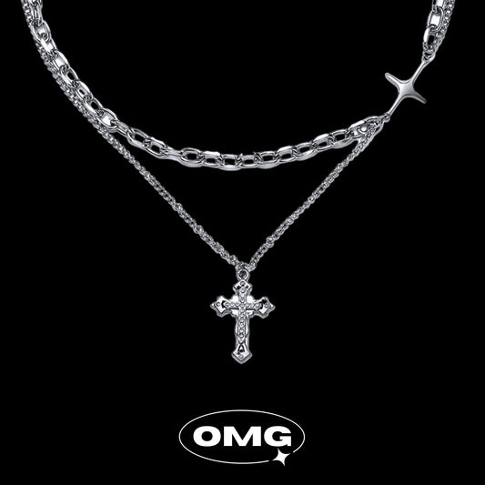 OMG - 鑲鑽十字架吊墜雙層男士頸鏈/項鍊
