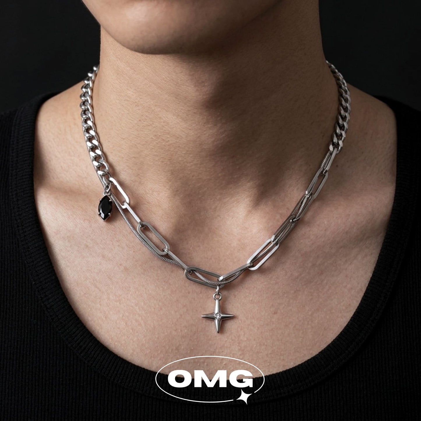 OMG - 十字星黑寶石雙層男士頸鏈