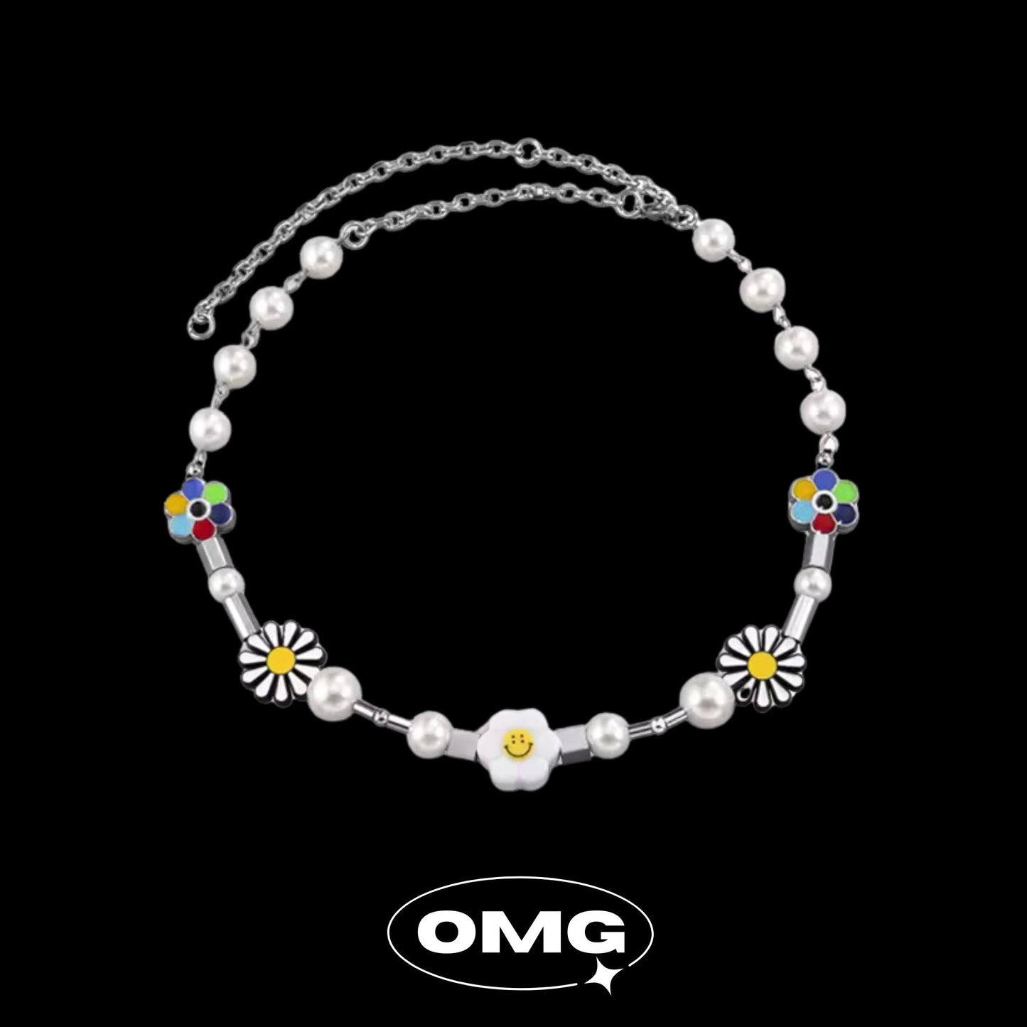 OMG - Y2K Daisy Smiley Face Pearl Men's Necklace