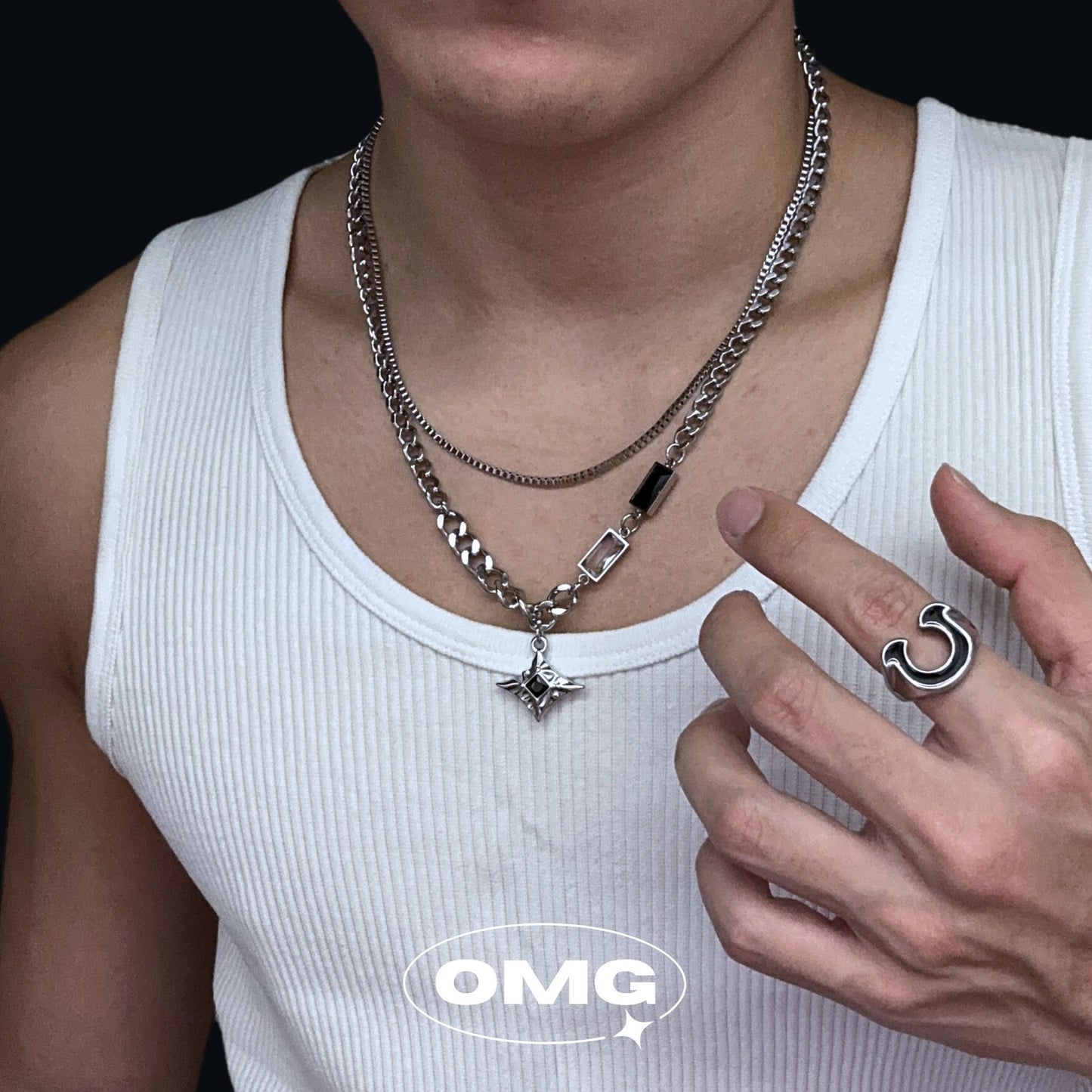 OMG - Cross Star Black Zirconia Dual Layer Men's Necklace