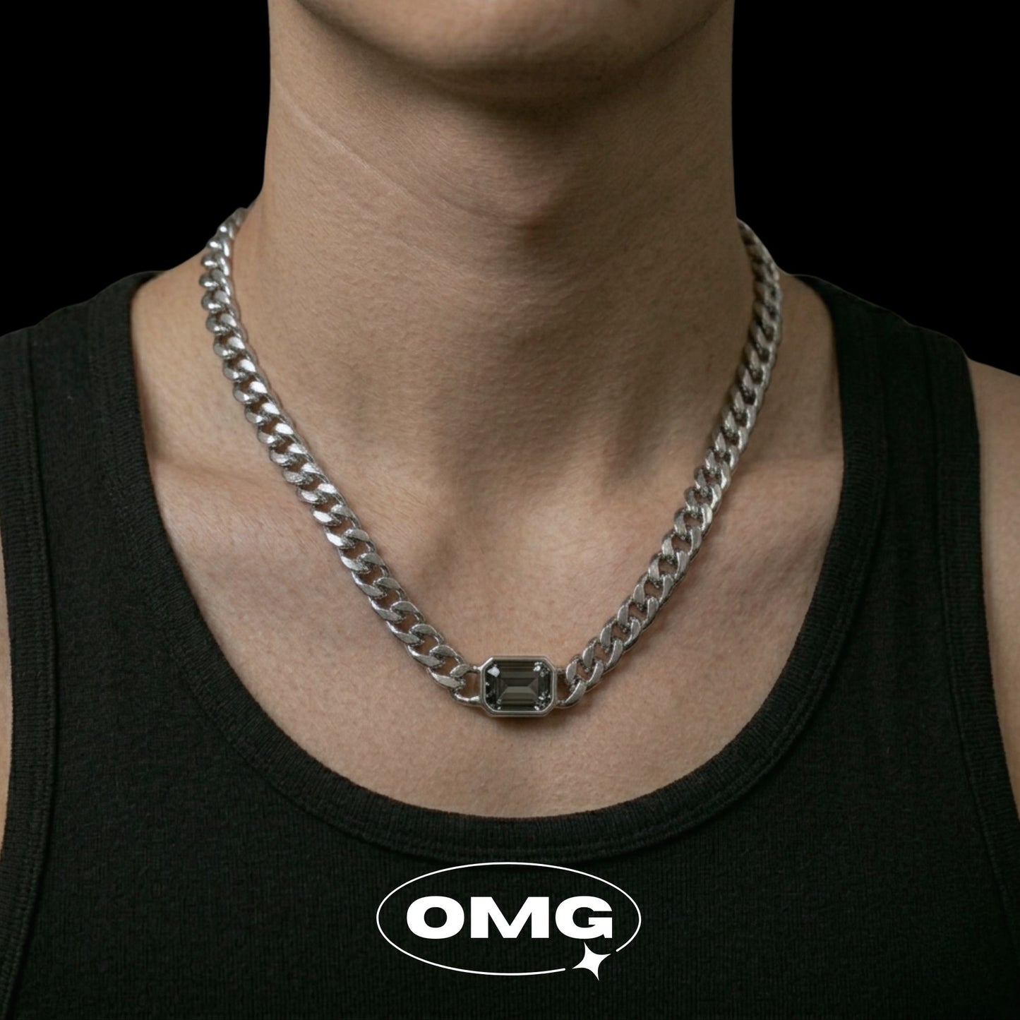 OMG - 暗灰方寶石古巴男士頸鏈/項鏈