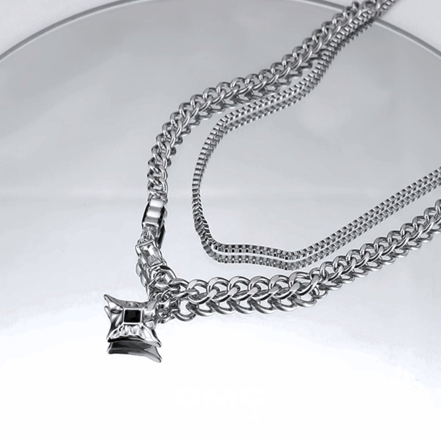 OMG - 十字星黑鋯石雙層男士頸鏈/項鍊