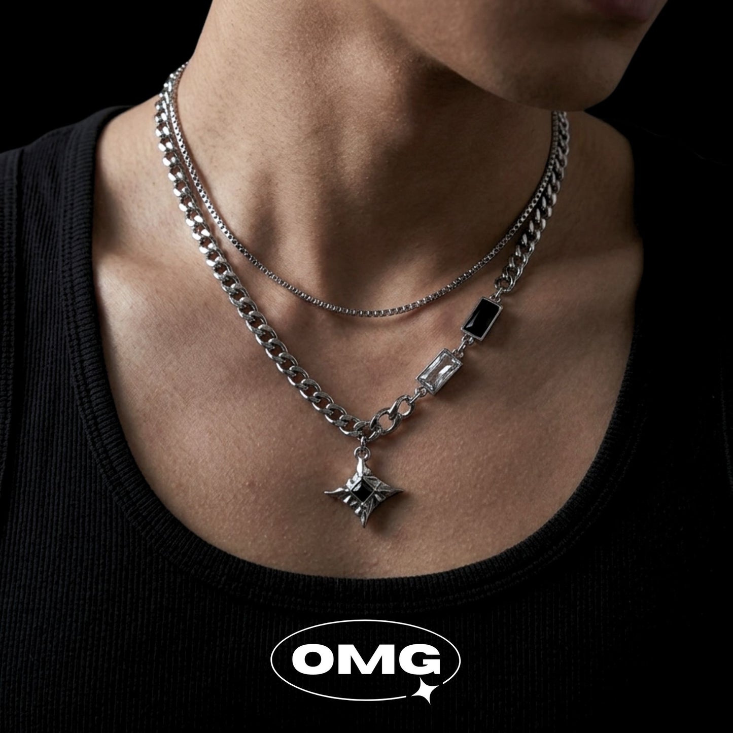 OMG - 十字星黑鋯石雙層男士頸鏈/項鍊