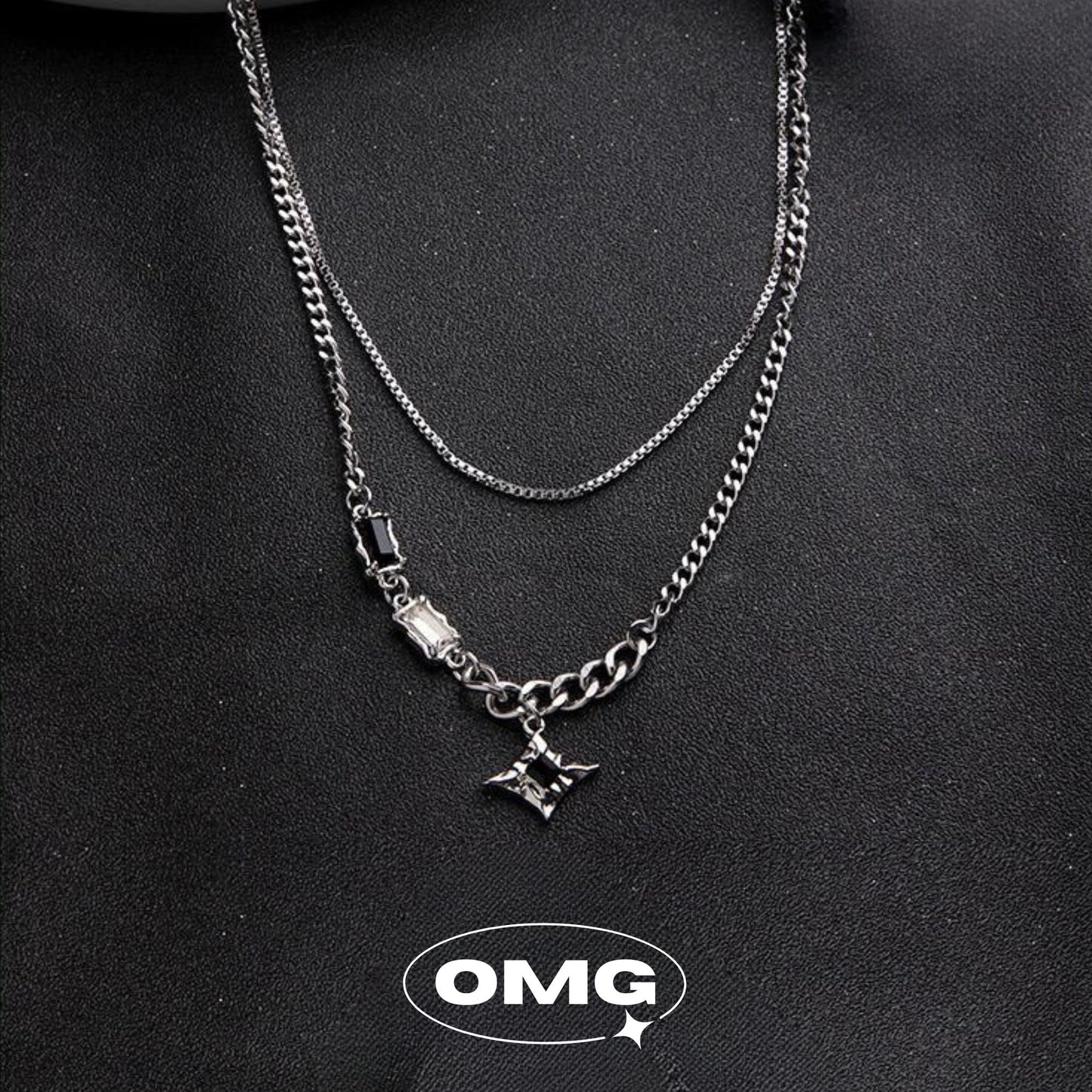 OMG - 十字星黑鋯石雙層男士頸鏈/項鍊