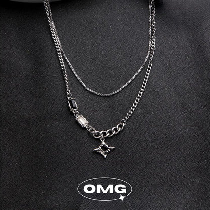 OMG - 十字星黑鋯石雙層男士頸鏈/項鍊