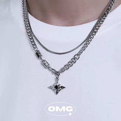 OMG - 十字星黑鋯石雙層男士頸鏈/項鍊